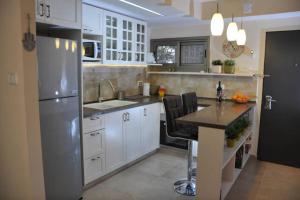 阿拉德Mory's Place - Luxurious Holiday Apartment的厨房配有白色橱柜和不锈钢冰箱