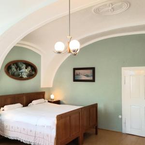 KojeticeHistoric Farmhouse Kojetice的一间卧室设有一张大床和拱形天花板