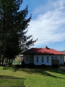 索利纳Pensjonat na Wzgórzu的院子里有红色屋顶的白色房子