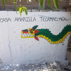 Santa Cruz TecamacHostal Casa Amarilla Tecámac的砖墙上的鸟儿画