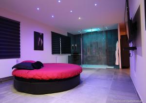 南希Ds Plaisir Love Room avec sauna, jacuzzi à Nancy的一间卧室配有一张红色的床和淋浴