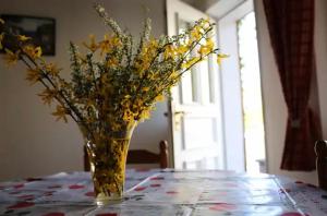 Osenbachgite du heidenberg的摆在桌子上的花瓶,上面装着黄色的花
