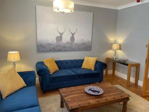 德里门Elmbank Stay - Drymen的客厅配有蓝色沙发和两幅鹿画