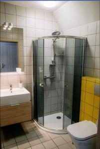 波别罗沃Na Fali Restaurant&Apartaments的带淋浴、卫生间和盥洗盆的浴室