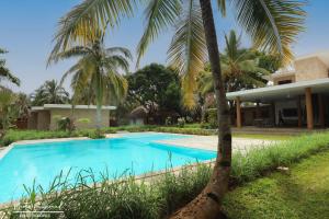 贝岛Anki Lodge的棕榈树屋前的游泳池