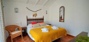 卡萨韦梅哈Finca La Meica B&B的一间卧室配有一张带黄床单和椅子的床