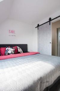 德哈恩Zalig Cosy appartement 2-4 pers.fietsen & tuin的一间卧室配有一张大床和红色枕头