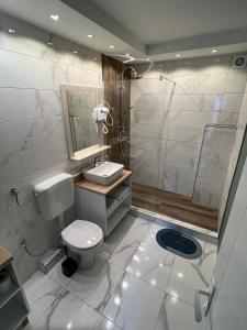 萨拉热窝Guest House Time Out的浴室配有卫生间、盥洗盆和淋浴。