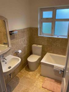 达特福德One bed cozy flat的浴室配有卫生间、盥洗盆和浴缸。