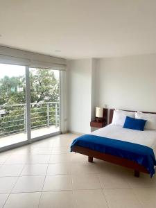 约帕尔Hotel Sol de Piedemonte的一间卧室设有一张床和一个大窗户