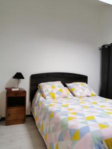 勒卡特Port-Leucate La Grande Bleue的一间卧室配有一张带色彩缤纷的被子和枕头的床。