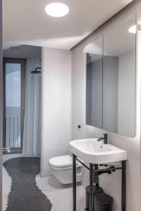 柏林Luxury Apartment Berlin Mitte的一间带卫生间、水槽和镜子的浴室