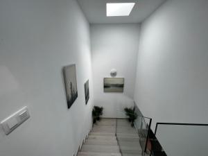 阿雷西费Arrecife exclusive beach house的一条带白色墙壁的走廊和两幅画的楼梯