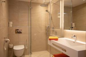 阿特湖畔施泰因巴赫巴德尔公寓的带淋浴、盥洗盆和卫生间的浴室