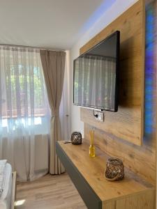 比斯平根Ferienwohnung Bispingen的客厅设有壁挂式平面电视。