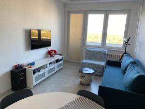 格但斯克Apartament B122 z widokiem na morze的客厅配有蓝色的沙发和电视