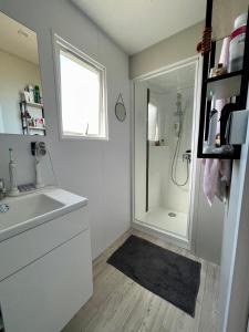 圣拉斐尔Mobil Home superbe Vue Mer St Raphaël的带淋浴和盥洗盆的白色浴室