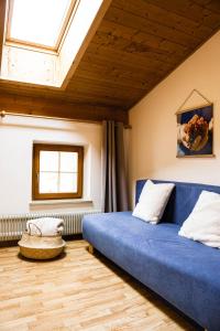 纳兹-夏韦斯Töllhof Apartments and Farm的一间卧室设有蓝色的床和窗户。