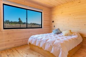 皮奇勒姆360 Lodge Pichilemu的木制客房的一张床铺,设有大窗户