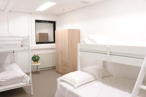 伊肖伊Budget Rooms Copenhagen的客房设有两张双层床和镜子