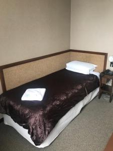 旺阿雷Grand Hotel - Whangarei的一张位于房间的床,上面有两个枕头