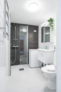 坦佩雷2ndhomes Tampere "Otavala" Apartment - Just Renovated - Hosts 8的带淋浴、卫生间和盥洗盆的浴室