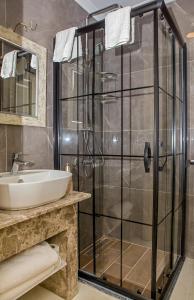 迪迪姆THE LEA HOTELS & SUITE的一间带玻璃淋浴和水槽的浴室