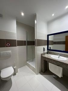 AfumaţiHotel Doi Taurasi的浴室配有卫生间、盥洗盆和淋浴。