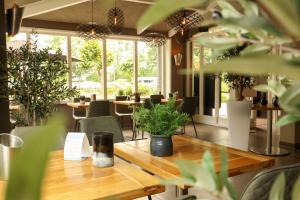 哈尔夫韦赫EuroParcs Spaarnwoude的用餐室配有木桌和植物