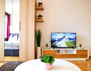 巴德哥依斯恩Jonas Deluxe Apartment Panoramablick的客厅,橱柜上放有电视