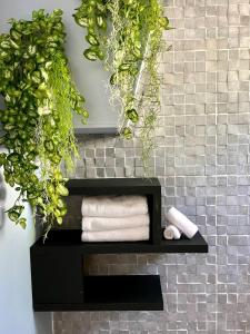 珀蒂堡Bungalow Au coeur de la nature的浴室设有黑色架子,配有毛巾和植物