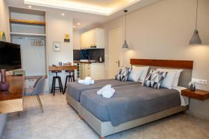 古维亚Spyridoula Resort Hotel in Corfu的一间带大床的卧室和一间厨房