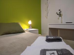 拉科鲁尼亚PENSION132的一间卧室配有一张带绿色墙壁的床