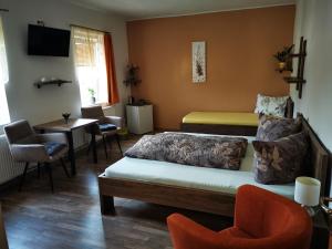 赫任斯科Penzion u Jezevce的卧室配有一张床和一张桌子及椅子