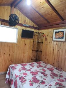 圣代佩德罗Cabana Hostel nas Árvores EcoPark的卧室配有一张床,墙上配有电视