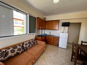 希马拉Fane's Apartments的客厅配有沙发,厨房设有窗户