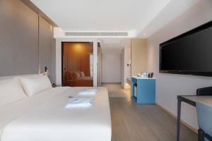 景洪市西双版纳告庄亚朵酒店的配有一张床和一台平面电视的酒店客房
