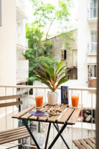 雅典Blue Ark Comfort near Acropolis的阳台上的桌子上放着盆栽植物