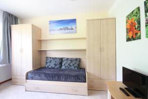 马里尔伊瓦Appartamenti Pradalago Marilleva 900的一间卧室配有一张床、一张书桌和一台电视。