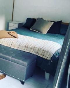 莱文The kauri Tree Pod - Off Grid Experience的一间卧室配有一张沙发床和一张床边镜。