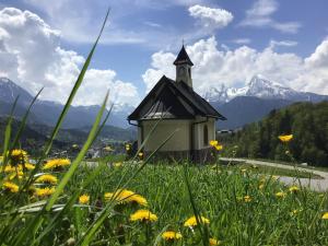 比绍夫斯维森Ferienwohnung Lederhose的一座小教堂,位于一片鲜花盛开的山间