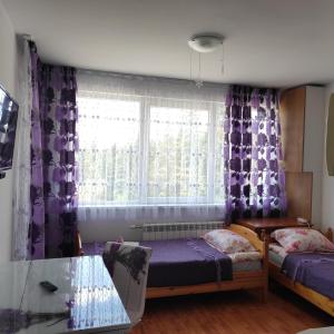 波罗维茨IGLIKA 2 SNOWY NIGHT V18的一间卧室设有两张床和一个带紫色窗帘的窗户。