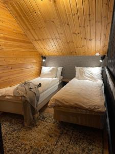 罗瓦涅米Villa Kyyhkynen的配有木天花板的客房内的两张床