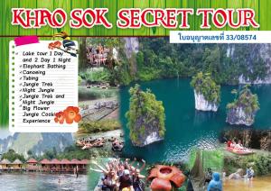 考索Khaosok Secret Hostel的一本杂志的页面,上面有湖面图片