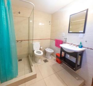 埃尔卡拉法特Matices Hostel Terminal的浴室配有卫生间、盥洗盆和淋浴。