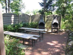岑平Ferienresidenz zur Ostsee的花园里的野餐桌和烧烤架
