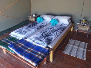 索利泰尔Camp Gecko - PRIVATE NATURE RESERVE; TENTED CAMP AND CAMPSITE的一张位于房间的床,上面有两个蓝色的枕头
