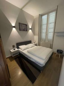 帕雷·勒·毛尼尔Appartement 6 personnes - Au coeur du centre ville的一间卧室设有一张大床和一个窗户。