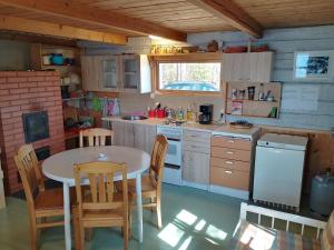 普马拉Takalahti Lodge的厨房配有桌椅、桌子和柜台。