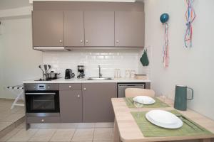 瓦西Antheon apartments的厨房配有不锈钢用具和一张带盘子的桌子